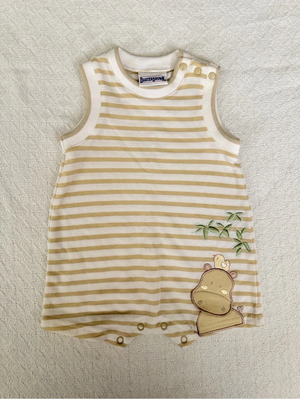 Buster Brown Cream and Yellow Striped Embroidered Hippo Sleeveless Romper